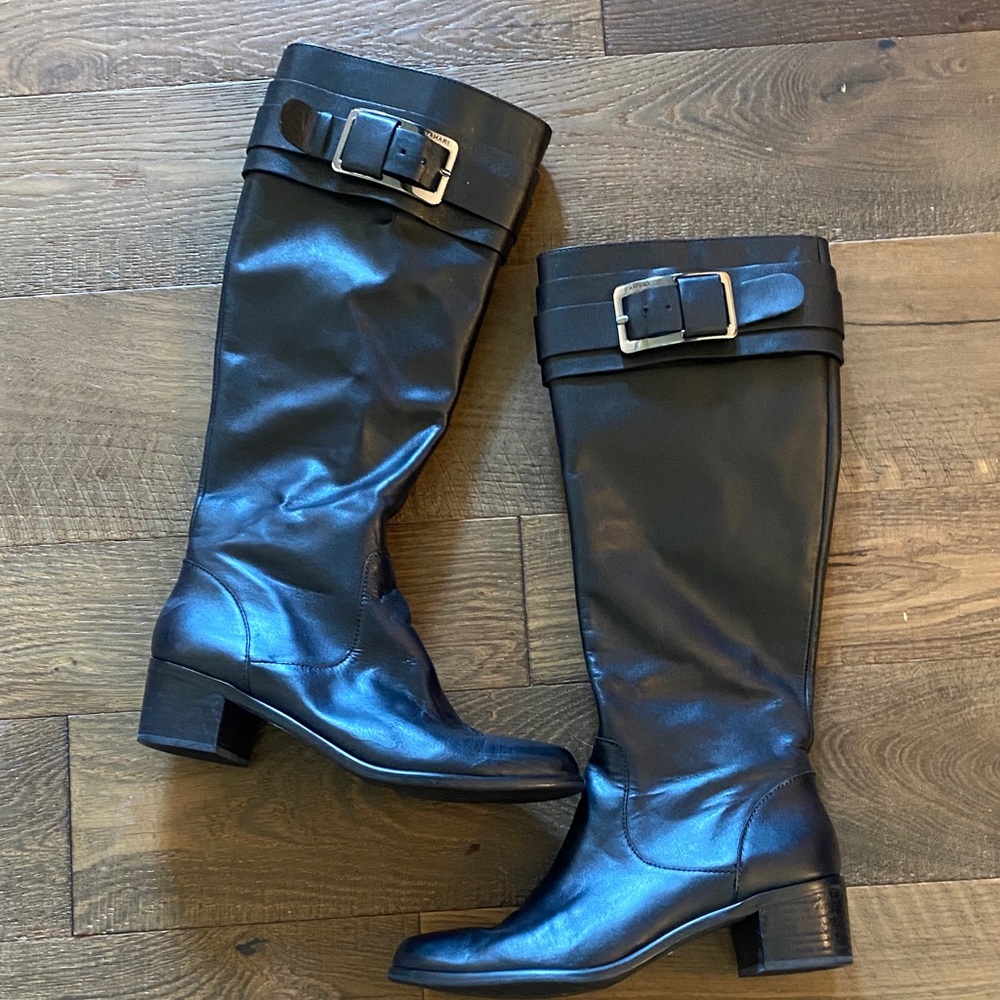Tahari Kaley Black Leather Knee-High Buckle Boots